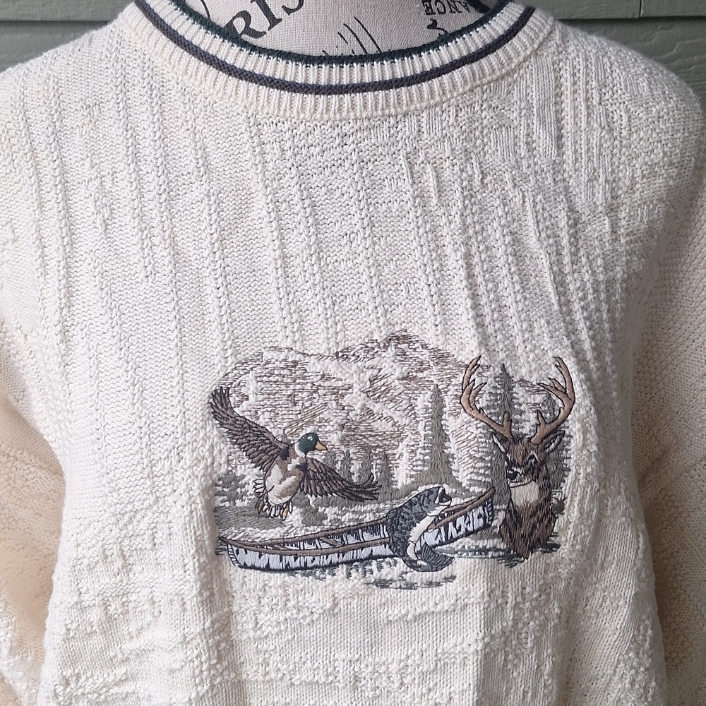 Vintage Fieldmaster Grandpa Embroidered Ringer Neck Sweater M Fishing Hunting
